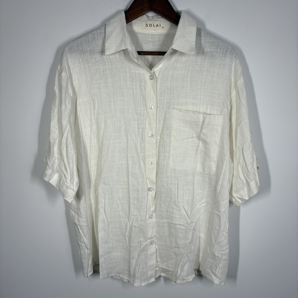 SOLAI The Label Women Linen Blend Short Sleeve Button Up Top Size M Ivory Lounge